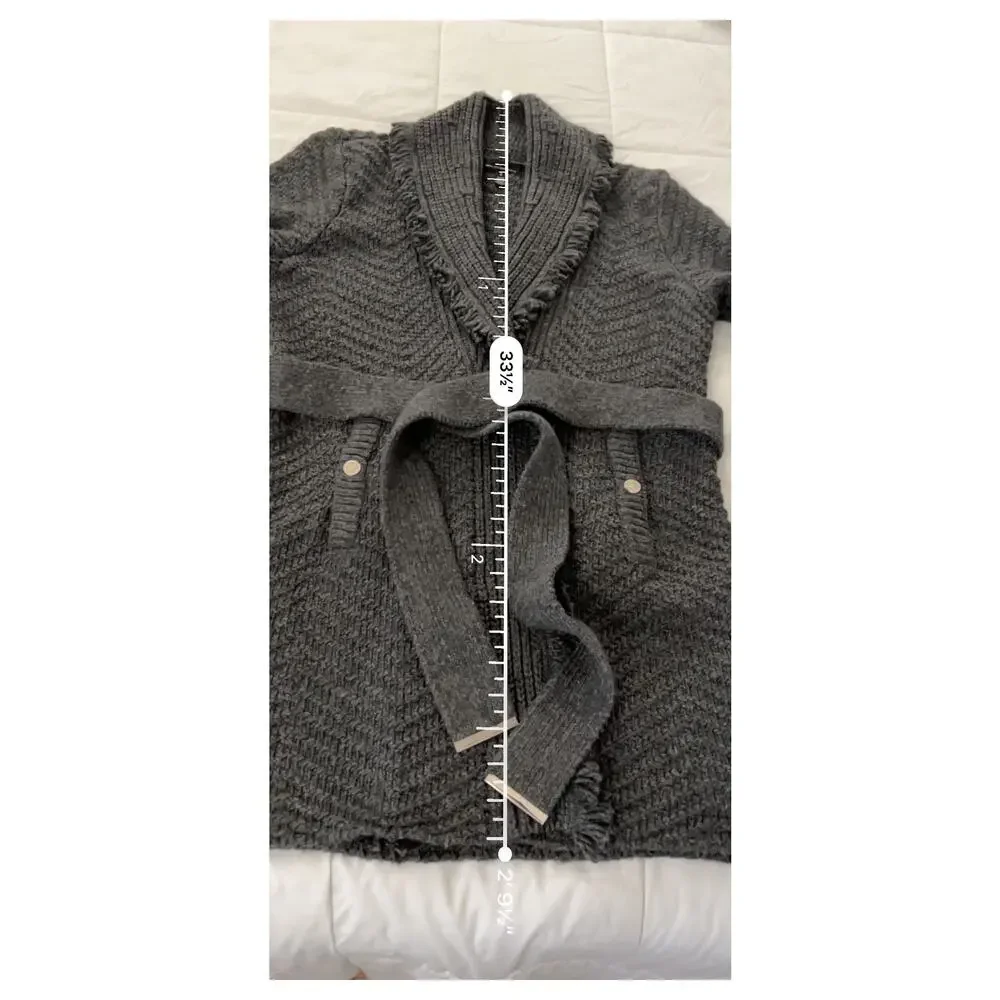 White House Black Market Fringe Shawl Sweater Coat Grey Pockets Belt Sz S